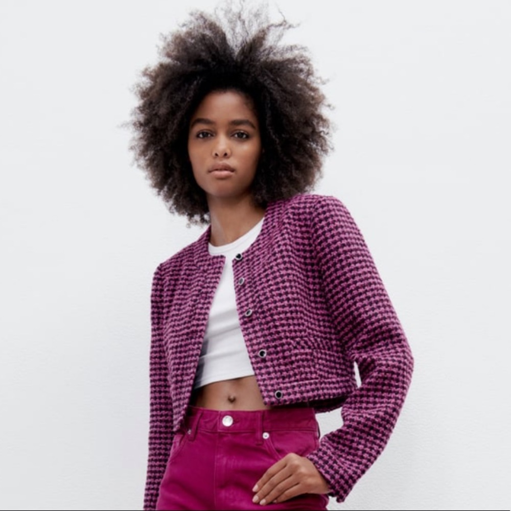NWT Zara cropped tweed jacket |Zara houndstooth printed jacket Zara twee… - Picture 4 of 9